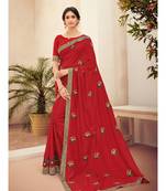 red embroidered silk blend saree with blouse