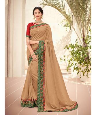 beige embroidered silk blend saree with blouse 1