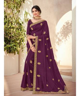 purple embroidered silk blend saree with blouse 1