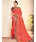 orange embroidered silk blend saree with blouse