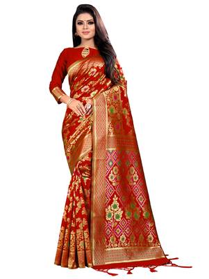 Red woven jacquard saree with blouse 1