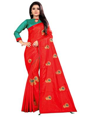 Red embroidered silk saree with blouse 1
