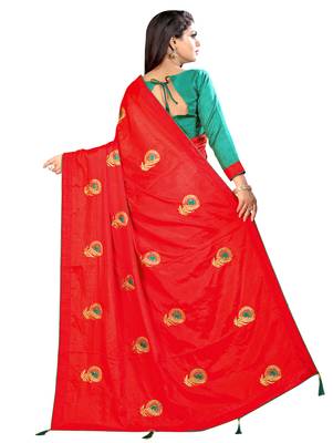 Red embroidered silk saree with blouse 2