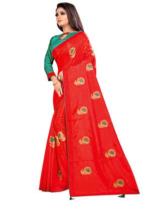 Red embroidered silk saree with blouse 3