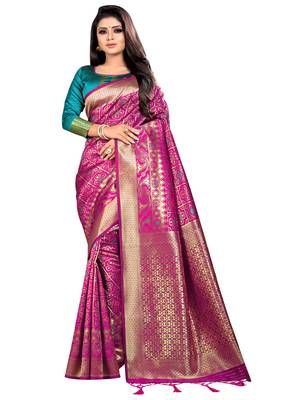 Pink woven jacquard saree with blouse 1