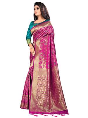 Pink woven jacquard saree with blouse 3