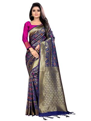 Blue woven jacquard saree with blouse 1