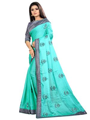 Sky blue embroidered chiffon saree with blouse 3