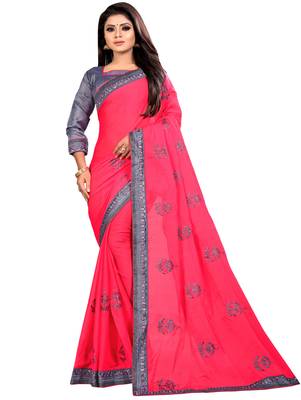Pink embroidered chiffon saree with blouse 1