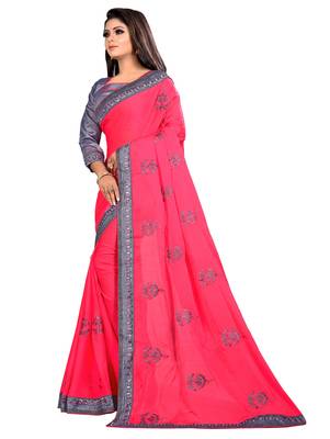 Pink embroidered chiffon saree with blouse 3