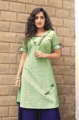 Green  hand embroidery handloom cotton readymade kurta 1