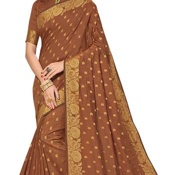 Brown woven chanderi silk saree with blouse 4