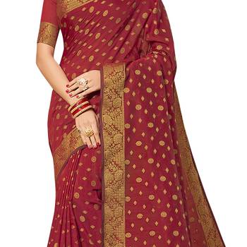 Red woven chanderi silk saree with blouse 4