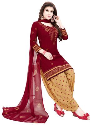maroon printed synthetic unstitched salwar with dupatta 1