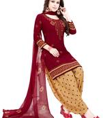 maroon printed synthetic unstitched salwar with dupatta