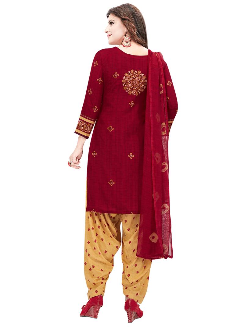 maroon printed synthetic unstitched salwar with dupatta