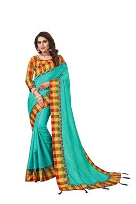 Sea green plain fancy fabric saree with blouse 1