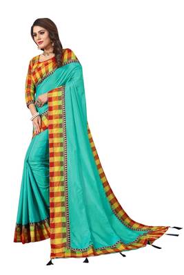 Sea green plain fancy fabric saree with blouse 2