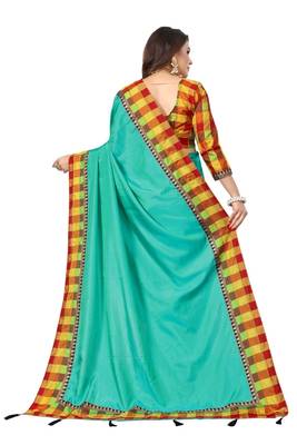 Sea green plain fancy fabric saree with blouse 3