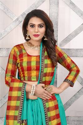 Sea green plain fancy fabric saree with blouse 4