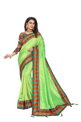 Parrot green plain fancy fabric saree with blouse 1