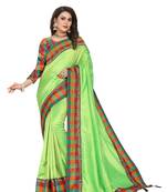 Parrot green plain fancy fabric saree with blouse