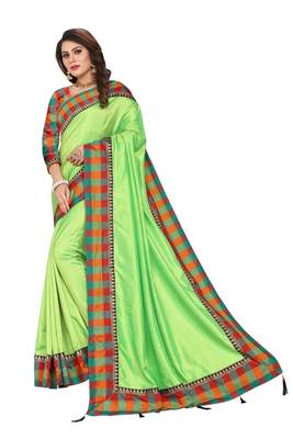 Parrot green plain fancy fabric saree with blouse 2
