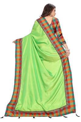 Parrot green plain fancy fabric saree with blouse 3