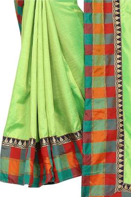 Parrot green plain fancy fabric saree with blouse 4