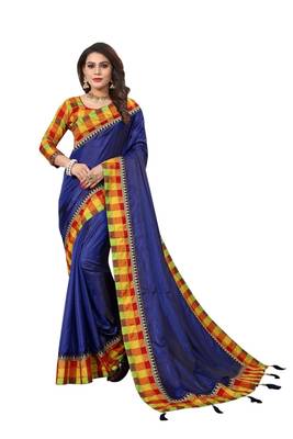 Navy blue plain fancy fabric saree with blouse 1