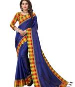 Navy blue plain fancy fabric saree with blouse