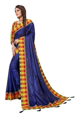 Navy blue plain fancy fabric saree with blouse 2