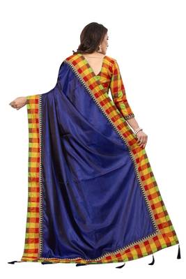 Navy blue plain fancy fabric saree with blouse 3