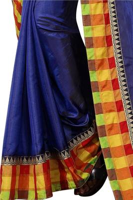 Navy blue plain fancy fabric saree with blouse 4