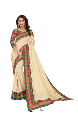 Cream plain fancy fabric saree with blouse 1