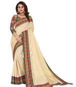 Cream plain fancy fabric saree with blouse