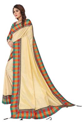 Cream plain fancy fabric saree with blouse 2