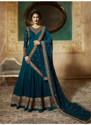 Dark-Sky-Blue Embroidered Faux Georgette Salwar 1