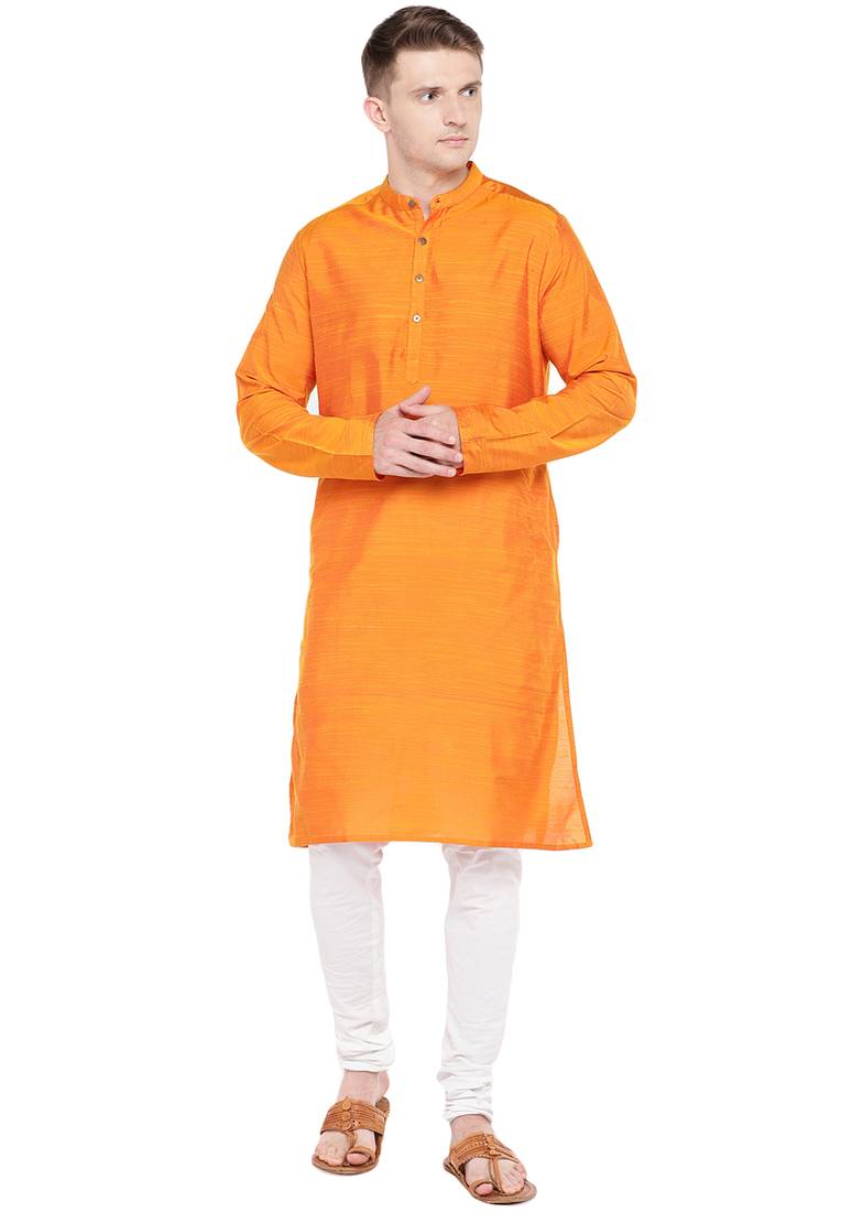 Men'S Orange And Golden Woven Design Kurta Only