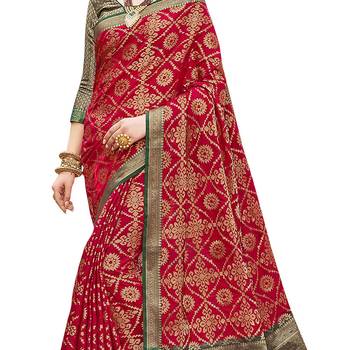 Red woven cotton silk saree with blouse 4