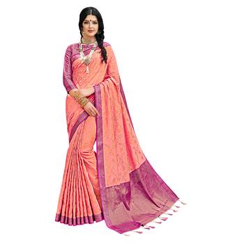 Peach woven cotton silk saree with blouse 1
