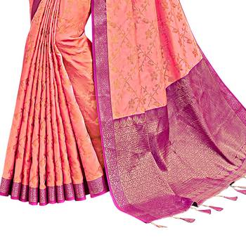 Peach woven cotton silk saree with blouse 3