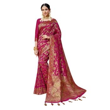Pink woven cotton silk saree with blouse 1