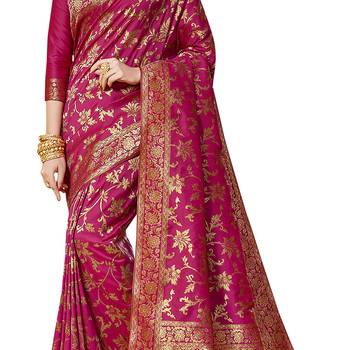 Pink woven cotton silk saree with blouse 4