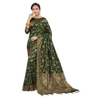 Dark green woven cotton silk saree with blouse 1