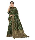 Dark green woven cotton silk saree with blouse