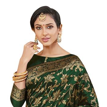 Dark green woven cotton silk saree with blouse 2
