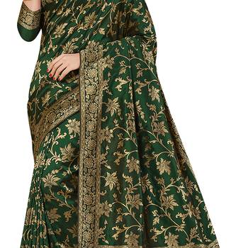 Dark green woven cotton silk saree with blouse 4