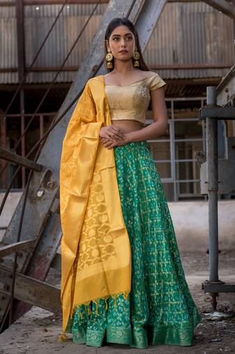 green woven art silk readymade lehenga cholis