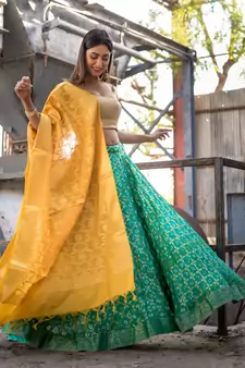 green woven art silk readymade lehenga cholis